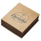Closed brown paper menu titled República de Curitiba on the cover. The design features a vintage style with a circular emblem and decorative text. The menu is stacked, giving a thick appearance.