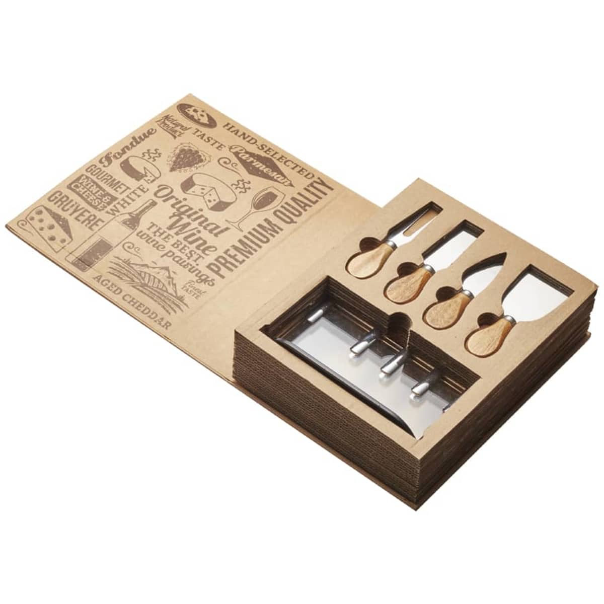 A cheese board set with four cheese knives in a wooden holder. The left side features engraved graphics and text about cheese types and quality. The knives have wooden handles and different blade shapes for various cheese types.