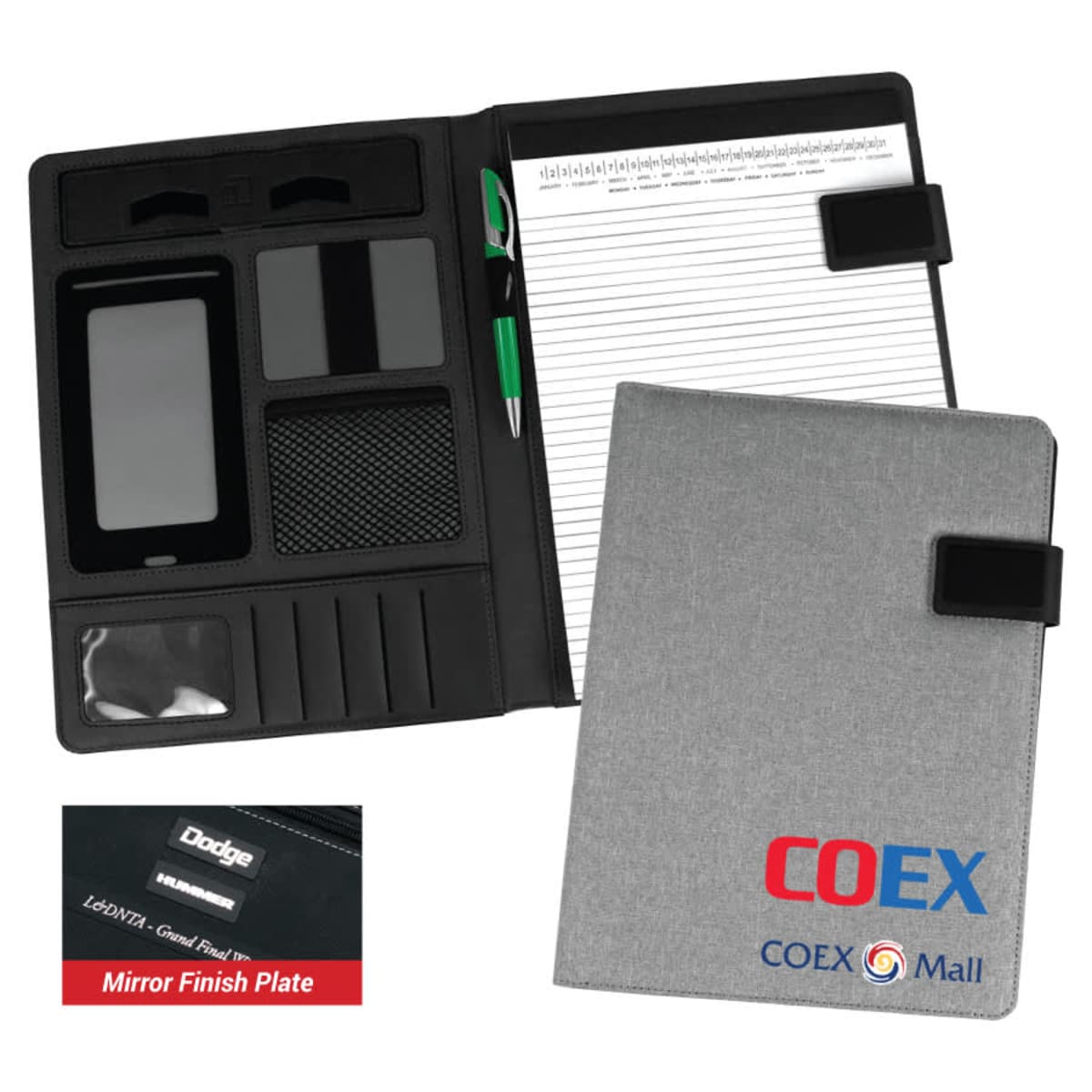 A professional gray folio with an open side showing a lined notepad, black slots for pens, gadgets, and small items. The cover has a COEX COEX Mall logo. An inset shows a mirror finish plate with Dodge engraved. A green pen is visible inside.