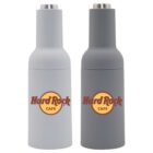 Two insulated bottles shaped like bottles of beer, one light gray and one dark gray, both featuring the Hard Rock Cafe logo in red and yellow on the front. They have silver caps.