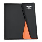 Black and orange folder with an overlapping flap. The top corner features a logo with stylized wings and the word Rezvani.