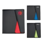 Three black portfolio folders are shown. The largest has a red triangular accent and a red emblem. The others have blue and green accents, each with different white logos. All feature a unique angled closure flap.