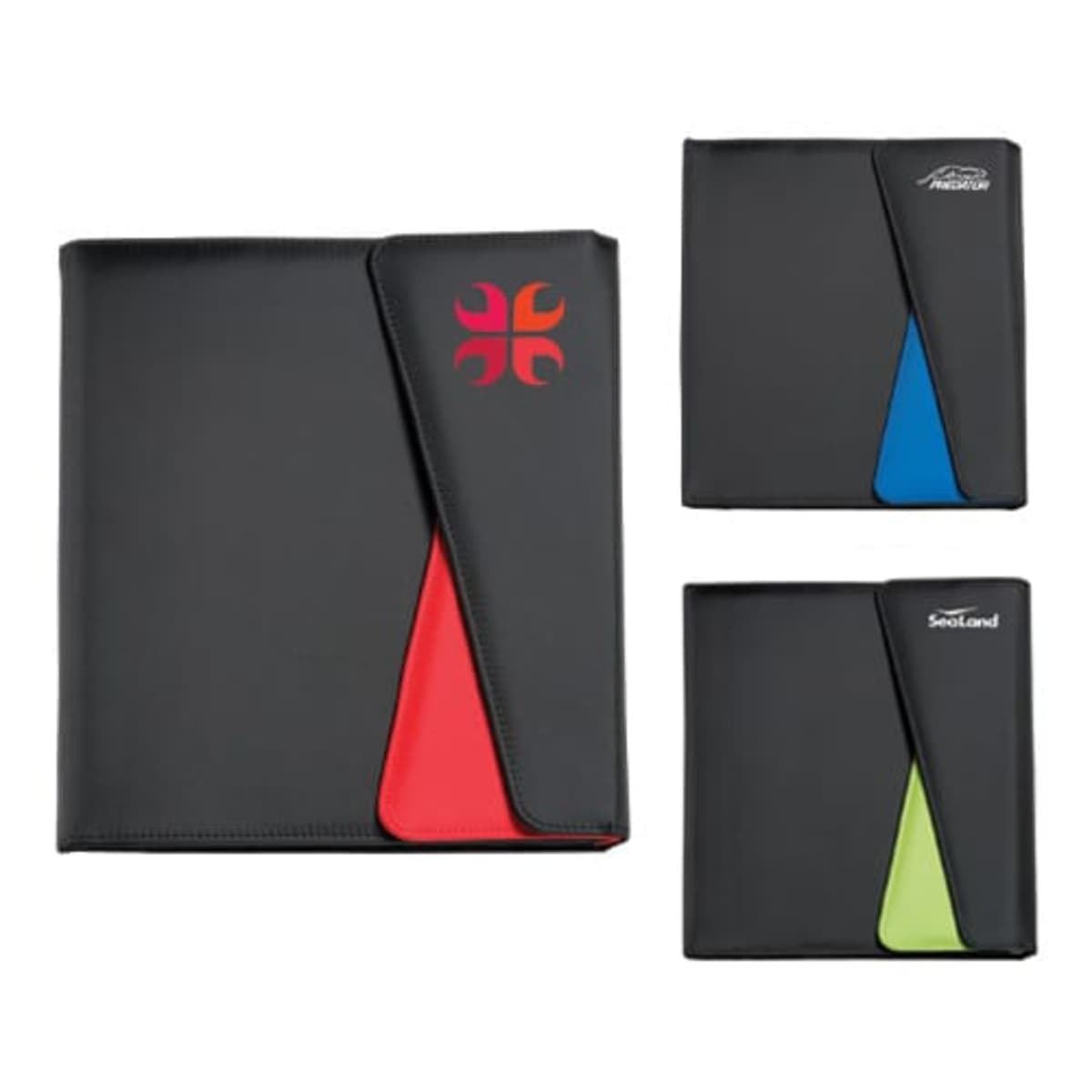 Three black portfolio folders are shown. The largest has a red triangular accent and a red emblem. The others have blue and green accents, each with different white logos. All feature a unique angled closure flap.