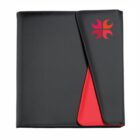 A black portfolio case with a diagonal flap revealing a red interior. The flap features a stylized red and orange emblem in the top right corner.
