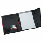 An open black folder with a red interior features a lined notepad on the right, a red pen in a holder, and pockets with four visible card slots on the left.