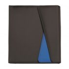A closed black folder with a distinctive angular flap. The flap reveals a blue triangular section underneath, adding a subtle contrast to the minimalist design.