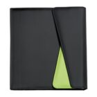 A closed black binder with a flap partially open, revealing a bright green inner lining. The binder has a sleek design and a modern look.