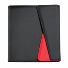 A closed, black leather folder with an angular flap partially lifted, revealing a red interior corner. The design is sleek and modern.