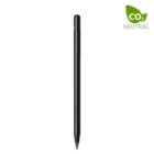 A sleek black pen with a minimalist design is shown vertically. The top right corner displays a green CO2 Neutral label with a leaf graphic. The background is plain white.