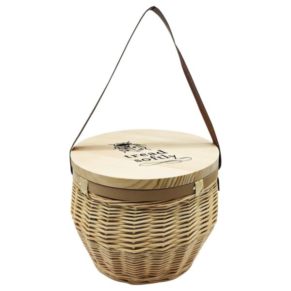 Woven basket with a wooden lid featuring a handle, engraved with the text treat today.