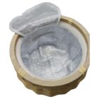 A round wooden basket with a silver thermal lining is shown, featuring an open lid. The exterior has a woven texture, and the lining is shiny, indicating insulation for maintaining temperature.