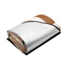 A folded emergency blanket with a metallic silver side and a brown side. The blanket is neatly rolled up, showing its layers and compact design.