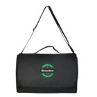 A black shoulder bag with a flap, featuring the Heineken logo in the center. It has a long, adjustable strap for carrying.