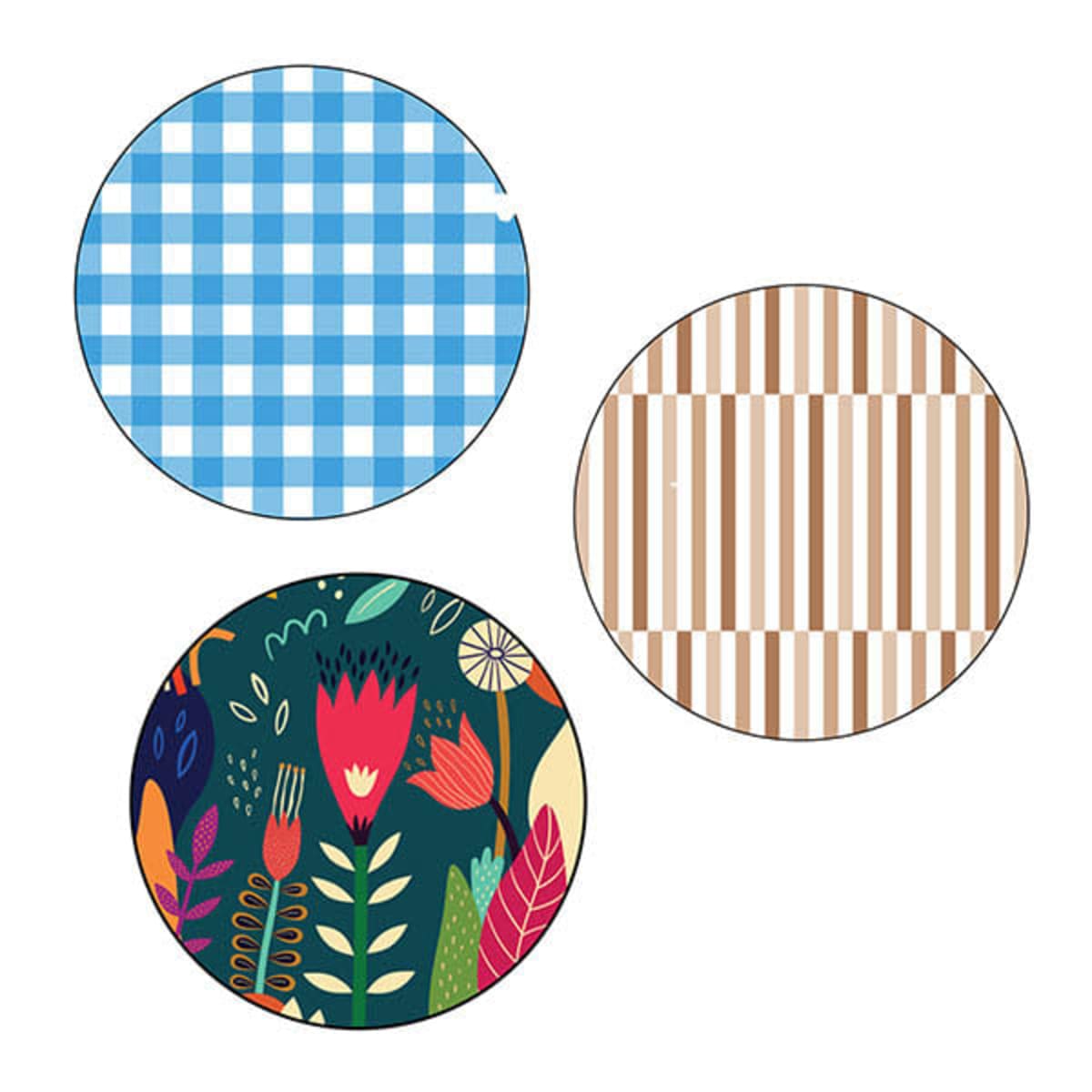 Three round patterns: a blue and white checkered design, a brown and white striped design, and a multicolored floral design with red, yellow, and green elements.