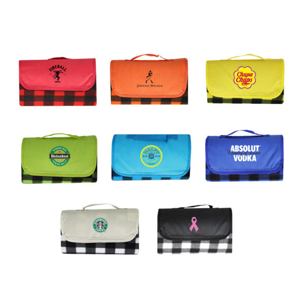 Nine folded picnic blankets in various colors and patterns, each with a different brand logo: red, orange, yellow, green, blue, light gray, and black. Some logos include text, others feature graphics.