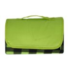 A folded green plaid picnic blanket with a solid green flap cover. The cover features a handle for easy carrying. The plaid pattern underneath is black and green.