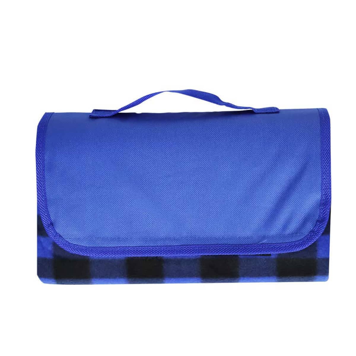 A folded picnic blanket with a blue cover and carrying handle. The edges show a black and blue checkered pattern.