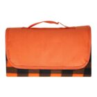 Folded orange picnic blanket with a carrying handle on top. The edges have a black and orange checkered pattern.