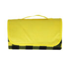 A folded yellow picnic blanket with a carrying handle. The bottom edge has a black and green plaid pattern.