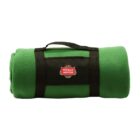 A rolled-up green blanket with a black carrying strap. The strap features a red and white Stella Artois logo.