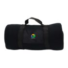 A rolled-up black blanket with handles and a Google Meet logo on a label in the center.