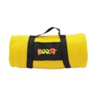 A rolled-up yellow blanket with black straps and a handle. A patch on the front displays the colorful word BOOST in a playful font.