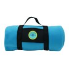 A rolled-up blue blanket with a black carrying strap and a circular logo that reads MALFY GIN. The logo features a small drawing of a lemon with the text in blue on a yellow background.