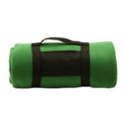 A rolled-up green blanket with a black carrying handle and strap. The blanket appears soft and portable, suitable for outdoor activities or travel.