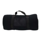 A rolled-up black blanket with a handle, wrapped in two black straps. The blanket has a rectangular pocket on one side, visible between the straps.