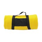 A rolled-up yellow blanket with a black carrying strap and handle.