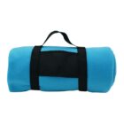 A rolled-up blue blanket with a black carrying handle and straps.