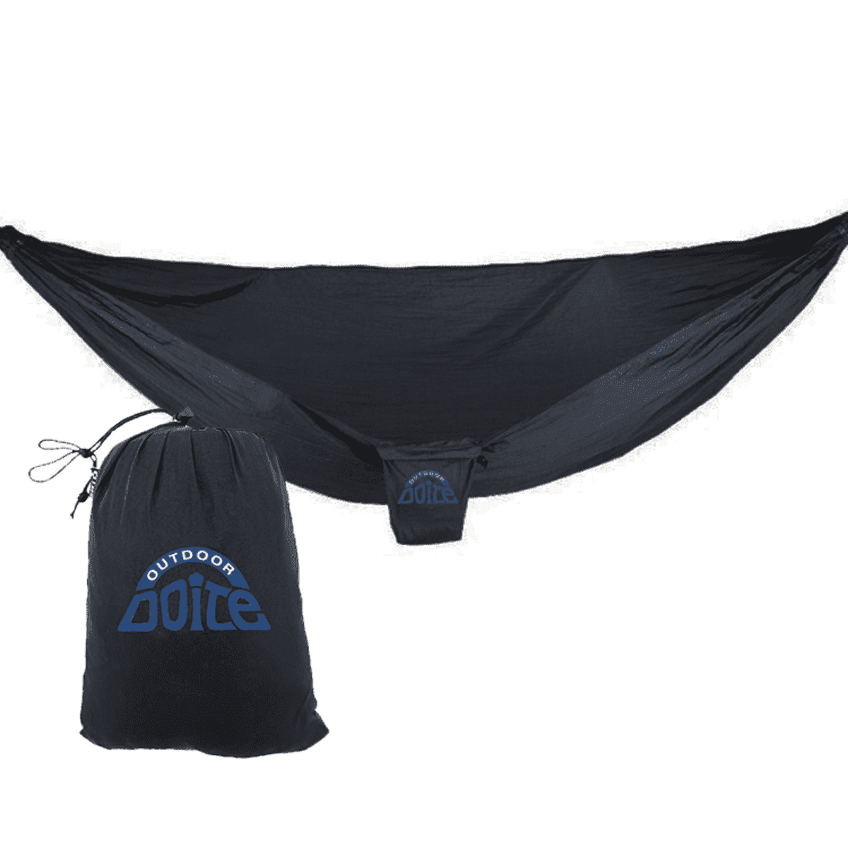 Black camping hammock with the Doite Outdoor logo displayed in the center. A matching black drawstring storage bag featuring the same logo is placed beside it. The hammock is shown fully extended against a white background.