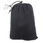A black drawstring bag with a gathered top, featuring two cords tied in a bow.