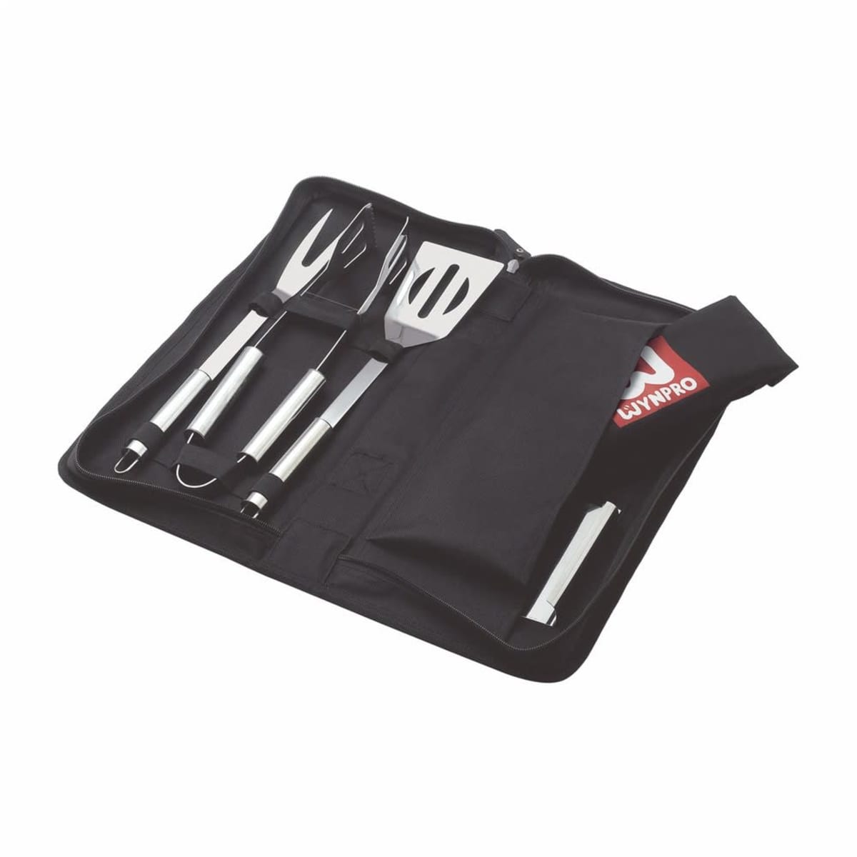 A set of stainless steel barbecue tools in a black zippered carrying case. The set includes a fork, tongs, and a spatula, all with metal handles, neatly organized in the case. A red and white booklet is also visible inside.
