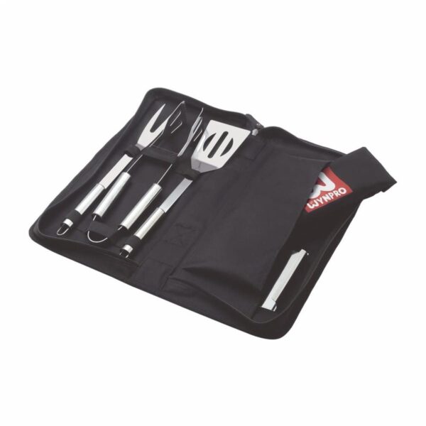 A set of stainless steel barbecue tools, including a fork, tongs, and spatula, neatly arranged in a black zippered carrying case. A red and white label is visible inside the case.