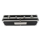 A black rectangular carrying case with silver edges and a metal handle, featuring a central silver nameplate. The case has two latches for securing the lid.