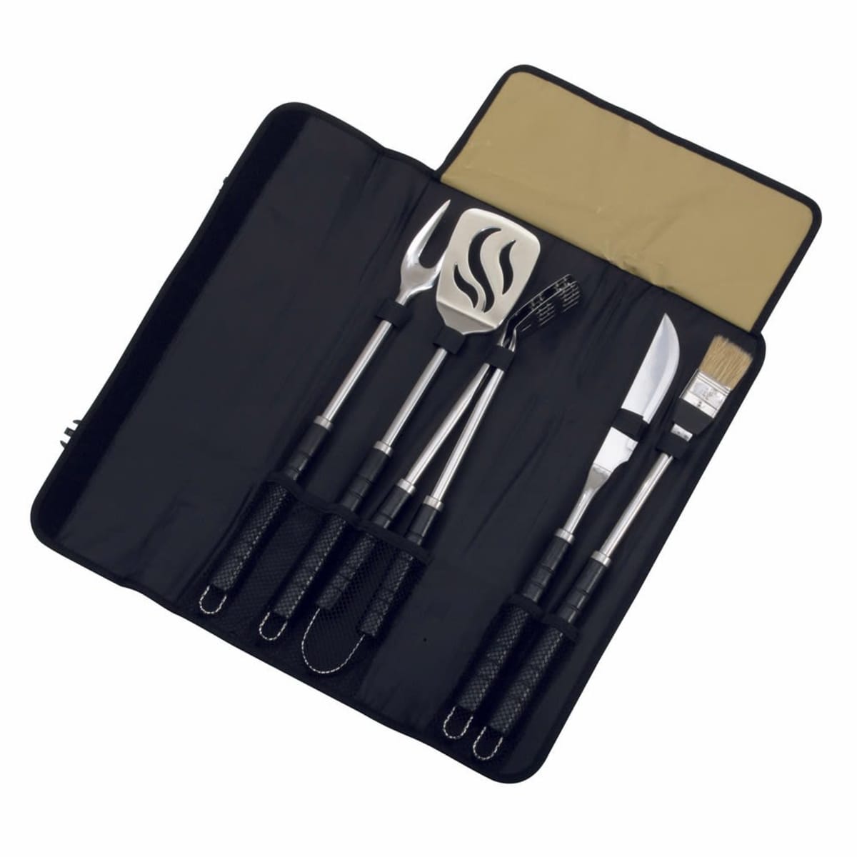 A black barbecue tool set displayed in an open carrying case. The set includes a fork, spatula, tongs, knife, cleaning brush, and basting brush, all with black handles, neatly arranged inside the case.