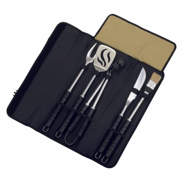 A set of six barbecue tools with black handles, including a spatula, fork, tongs, knife, basting brush, and grill brush, neatly arranged in an open black carrying case with beige lining.