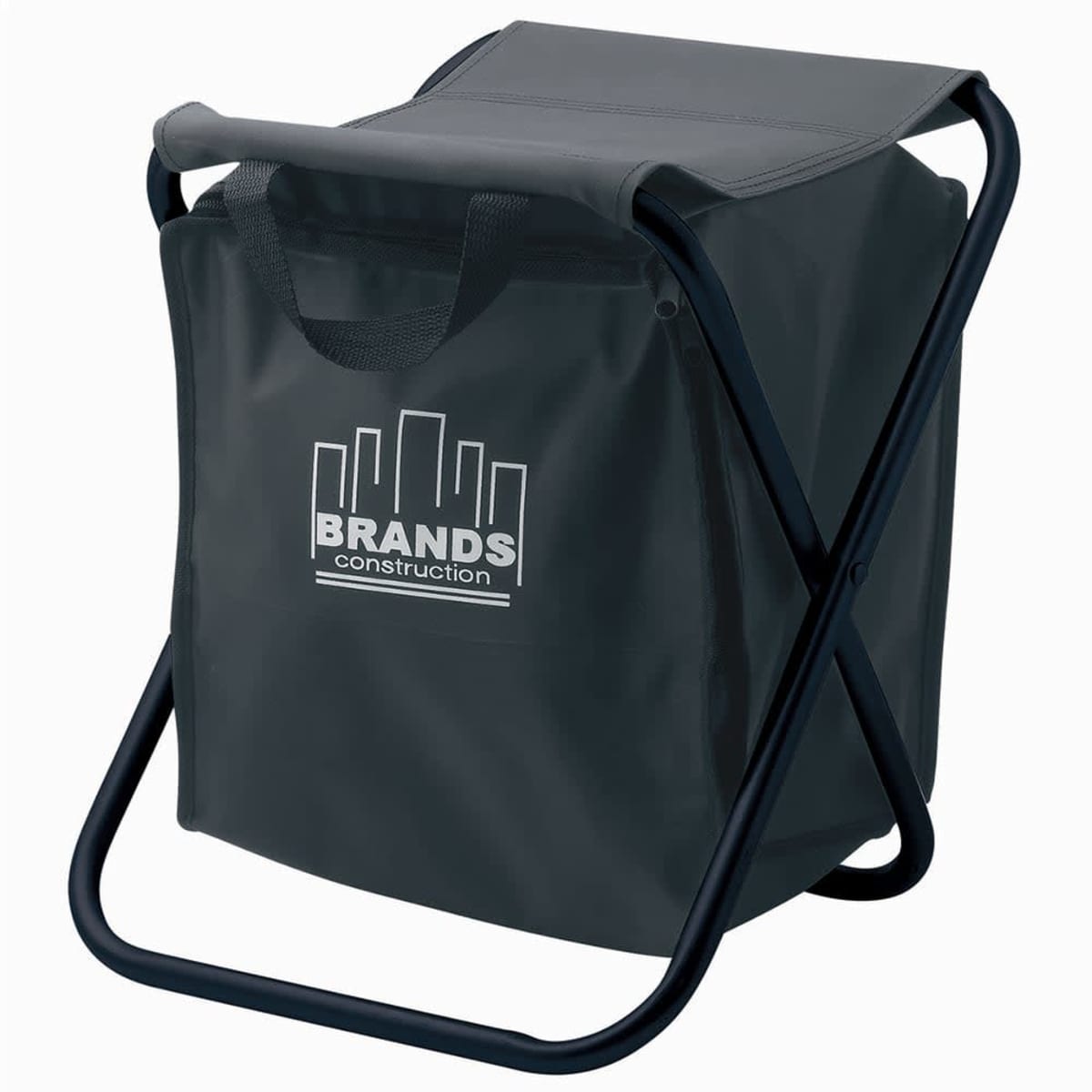 A black folding stool with a built-in storage bag. The bag features the text Brands Construction alongside a graphic of stylized buildings. The frame is metal, providing support for the seat and carrying handle.