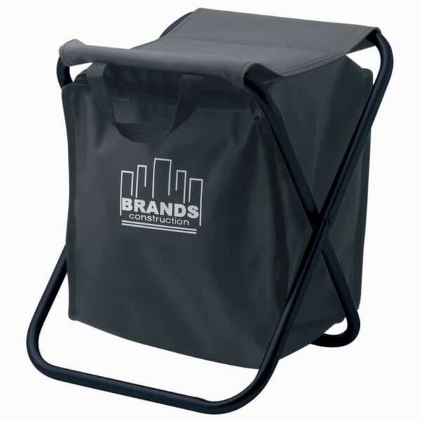 A black folding chair with a built-in storage compartment under the seat. The compartment features a printed logo with the text Brands Construction and a graphic of city buildings. The frame is metal, and the seat is made of fabric.