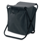 A black folding chair with a built-in storage compartment beneath the seat, supported by a sturdy metal frame. The storage is made of fabric and features a handle for easy carrying.