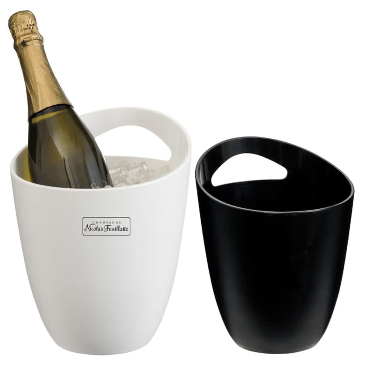 Two oval-shaped ice buckets with handles, one white with a bottle of champagne on ice inside, and the other black, empty.