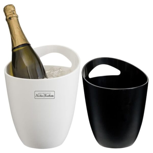 Two ice buckets are pictured. The white bucket on the left holds a bottle of champagne, surrounded by ice. The black bucket on the right is empty. Both buckets have built-in handles and an elegant design.