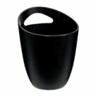 A sleek black plastic trash bin with an oval shape and a single cut-out handle at the top, giving it a modern minimalist design.