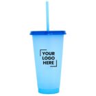 A light blue plastic cup with a blue lid and straw features the text Your Logo Here in black on the front.
