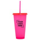 Bright pink reusable tumbler with a red lid and matching pink straw. The front of the cup features a placeholder text that reads Your Logo Here in bold black letters.
