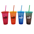 Four colorful PUMA-branded cups with matching lids and straws. The cups are in pink, orange, blue, and green. Each features the PUMA logo in black.