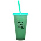 A green reusable plastic cup with a lid and straw is shown. The cup has Your Logo Here printed in black text on its side.
