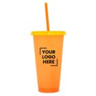 Orange plastic tumbler with a yellow lid and straw, featuring the text YOUR LOGO HERE in black.