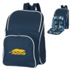 A navy blue backpack with white piping features a yellow image of a running predator and the word PREDATOR. It has multiple compartments, with an open view showing a striped interior and two insulated sections.